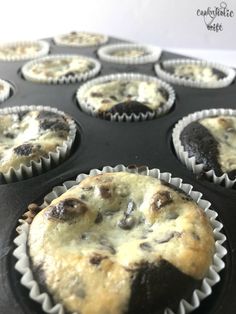 chocolate chip muffins are in the pan ready to be baked