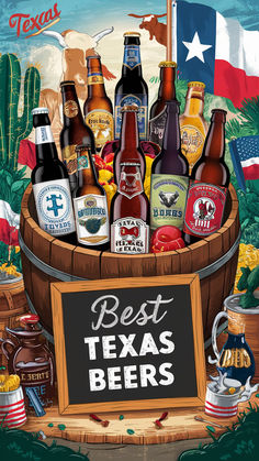 a wooden barrel filled with bottles of beer next to a sign that says best texas beers