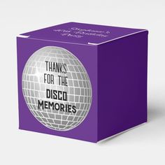 a purple box with a disco ball on it and the words thanks for the discd memories