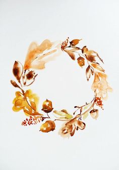 a watercolor painting of a wreath with leaves and berries on it, against a white background