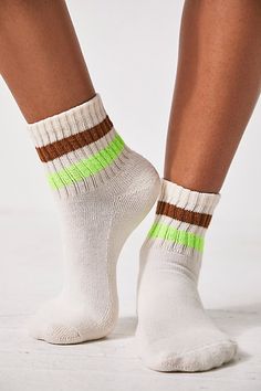 Simply sporty with true vintage flair, these American-made cotton quarter crew socks are the ultimate essential. **Fit:** Quarter crew length **Features:** Soft cotton blend, ribbed texture, seamed toe and heel, striped details **Why We | Retro Shortie Crew Socks by American Trench at Free People in Brown Green Fits, Ribbed Texture, Sock Shop, True Vintage, American Made, Crew Socks, Boho Outfits, Color Coding, Hand Knitting