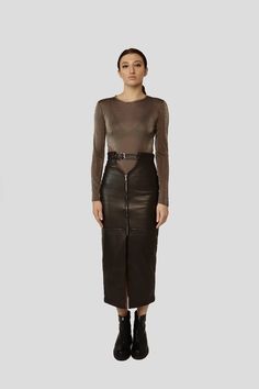 Leather skirt - A versatile item of clothing, in nut brown | NOT JUST A LABEL Leather Skirt With Zipper For Night Out, Leather Skirt With Zipper Closure For Night Out, Fitted Leather Skirt With Side Zipper, Leather Skirt With Side Zipper For Night Out, Fall Leather Club Skirt, V Shape Cut, Glamorous Outfits, Premium Product, Leather Midi Skirt