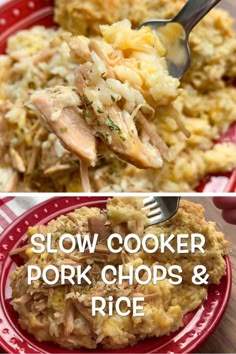 slow cooker pork chops and rice on a red plate with the words slow cooker pork chops and rice