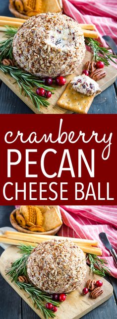 cranberry pecan cheese ball on a cutting board with rosemary sprigs