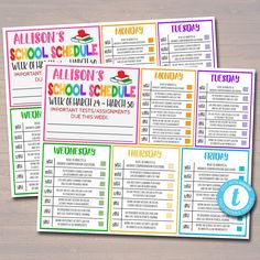 four school schedules with the names and numbers for each child's class on them