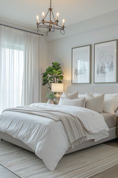 Transform your space into a serene sanctuary with this well-appointed bedroom idea. Embrace a tranquil and inviting atmosphere with a neutral color palette, a large bed featuring a white upholstered headboard, clean-lined nightstands, soft artwork, lush greenery, and ample natural light. Perfect for creating a peaceful retreat at home! #BedroomIdeas #TranquilSpace #HomeDecor Modern Clean Bedroom Ideas, White Gray And Beige Bedroom, Soft Natural Bedroom, Clean Fresh Bedroom Ideas, Preppy Neutral Bedroom, Modern Cozy Bedroom Neutral Grey, Peaceful Bedroom Aesthetic, Modern Neutral Bedroom Decor, White Headboard Bedroom Ideas