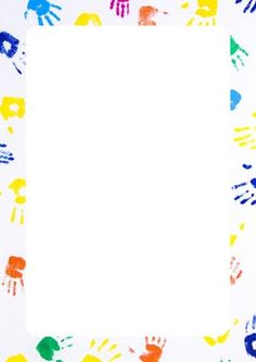 a white square with colorful handprints on the sides and bottom, surrounded by smaller hands