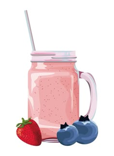 a pink mason jar with strawberries and blueberries next to it on a white background