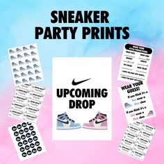 the sneaker party prints are being displayed on a pink and blue background with matching stickers