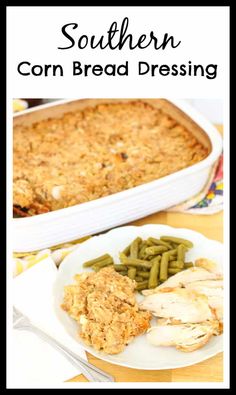 a white plate topped with meat and green beans next to a casserole dish