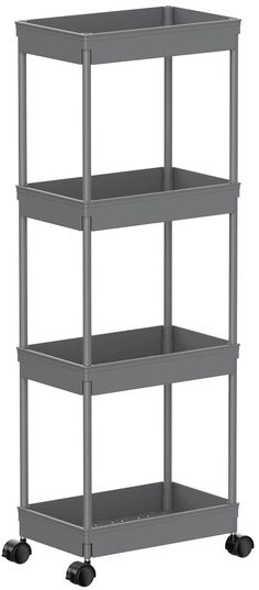 three tiered shelf with wheels on each side and four shelves on the other side