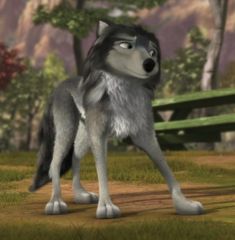 an animated wolf standing in front of a park bench