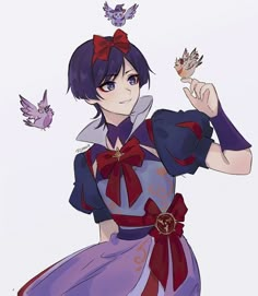 an anime character with purple hair and blue eyes holding a small bird in her hand