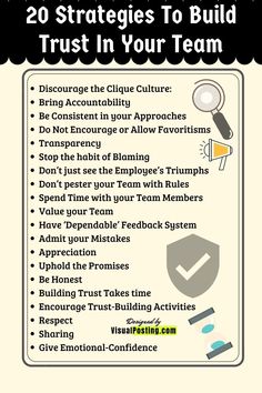 a poster with the words 20 strategies to build trust in your team