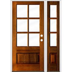 a double door with glass panels and wood trims on the front doors, both side by side