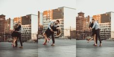 three different shots of people dancing on the street in front of tall buildings and skyscrapers