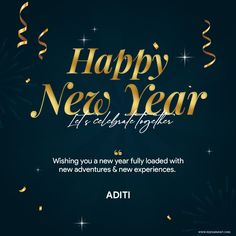 happy new year greeting card with gold lettering and confetti on dark blue background