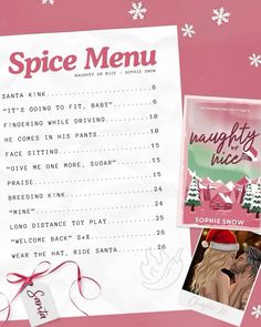 the menu for spice menu is displayed on a pink background with white snowflakes