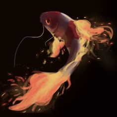 a painting of a goldfish with red and white tail blowing in the air, on a black background