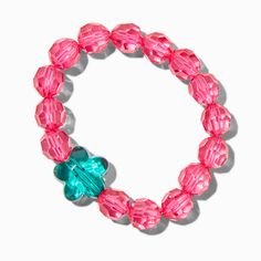 Claire's Club Teal Flower Pink Beaded Stretch Bracelet Crochet Princess, Piercing Kit, Teal Flowers, Kawaii Jewelry, Pink Beaded, Fashionable Jewelry, Pink Beads, Beaded Stretch Bracelet, Flower Charm