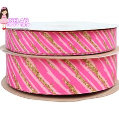 two pink and gold striped ribbon on white background