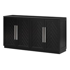 a black cabinet with three doors and two drawers on one side, in front of a white background