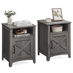 two wooden nightstands with one door open and the other closed, both side by side