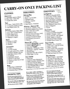 the carry - on only packing list is shown in black and white, with an image of