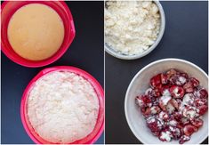 three different bowls filled with food next to one bowl full of powdered sugar and the other containing cranberry compote