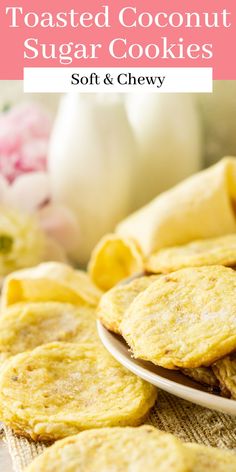 toasted coconut sugar cookies on a plate with pink flowers in the background and text overlay