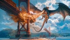 a painting of a dragon flying over the golden gate bridge