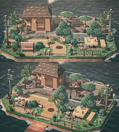 two pictures of an island in the middle of water with houses and trees on it