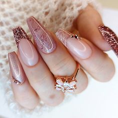 Rose Gold Nails Acrylic, Rose Gold Nails Design, Gold Acrylic Nails, Vibrant Florals, Gold Nail Designs, Swarovski Nails, Gold Nail, Her Nails, Rose Gold Nails