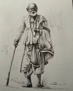 a drawing of an old man with a cane