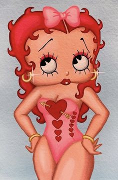 a painting of a woman with red hair and big eyes wearing a pink swimsuit