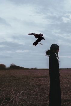 a person standing in a field with a bird flying over their head and the sky