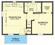 a floor plan for a small house with an attached bathroom and living room, including the bedroom