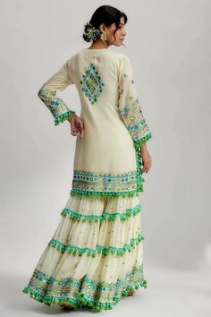 Ivory Maahika Layered Sharara Set Layered Sharara, Gopi Vaid, Sharara Designs, Indian Suit, Indian Kurti Designs, Frock Fashion, Stitching Dresses, Pakistani Fashion Party Wear, Stylish Party Dresses