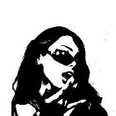 a black and white drawing of a woman with sunglasses on her face, looking to the side