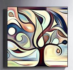 an abstract painting on the wall with a tree and swirls in blue, brown, yellow and white colors