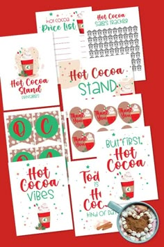 christmas printables for hot cocoa and other holiday treats are displayed on a red background