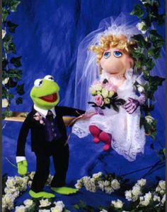 the muppet bride and groom are posed in front of a blue backdrop with white flowers