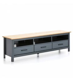 an entertainment center with two drawers and one shelf on the bottom, in grey painted wood