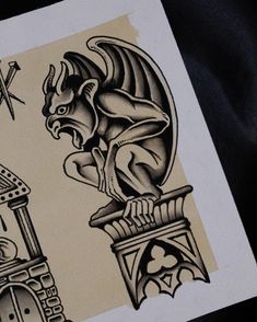 a drawing of a demon on top of a clock tower