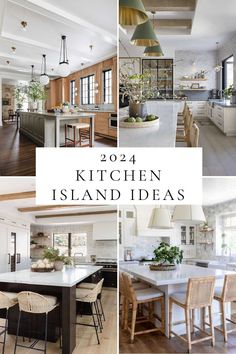 the kitchen island is surrounded by chairs and other furniture in this collage with text overlay