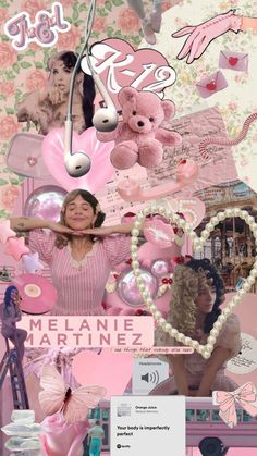 a collage of pink and white images with hearts, teddy bears, flowers, and other things