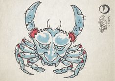 a drawing of a blue crab with two red crabs on it's back legs