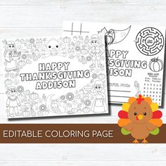 two thanksgiving coloring pages with the words happy thanksgiving and an image of a turkey on it