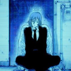 an anime character sitting on the floor in front of a tv screen with his eyes closed