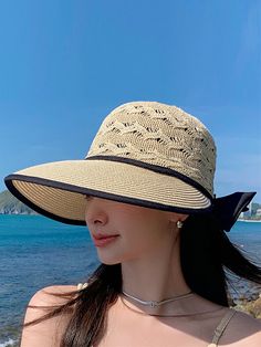 Sun-Protection Belly-Hollow Bowknot Wide Side Hats & Caps KHAKI-One_size Beach Blouse, Drape Maxi Dress, Sun Protection Hat, Embroidered Maxi Dress, Maxi Knit Dress, Scarf Hat, Grey Khakis, Bag Dress, One Piece Swimwear